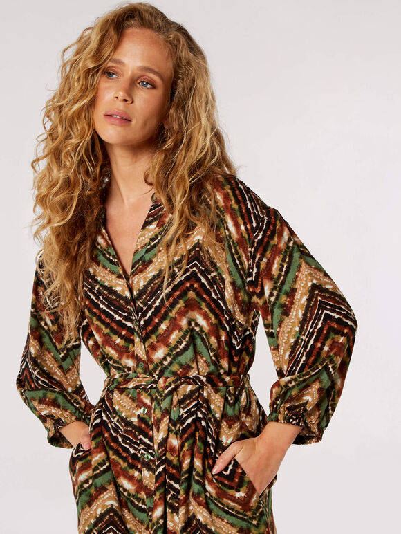Chevron Shirt Midi Dress, Brown, large