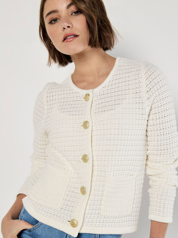 Waffle Knit Cardigan, Cream, large
