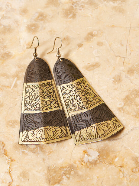 Gold Floral Engraved Drop Earrings