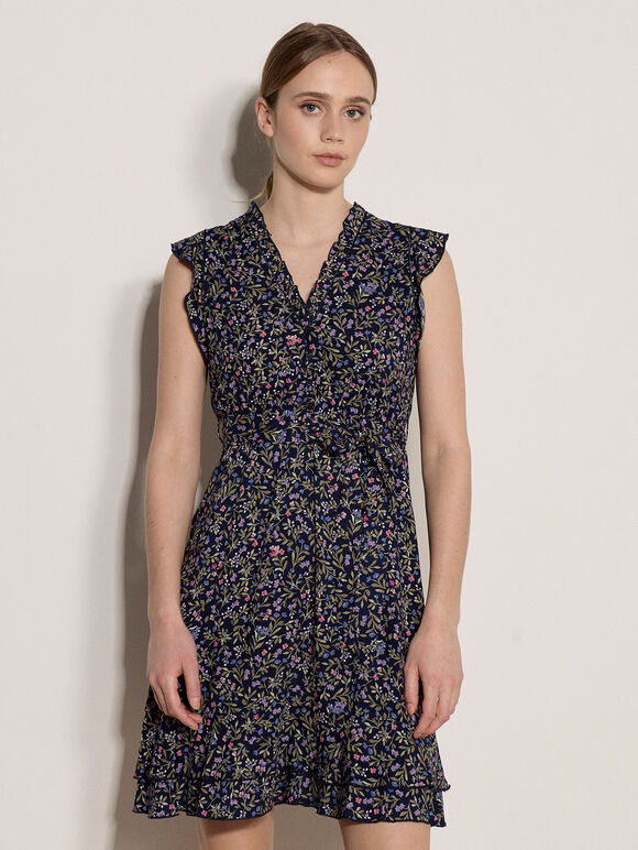 Ruffle Floral Mini Dress, Purple, large