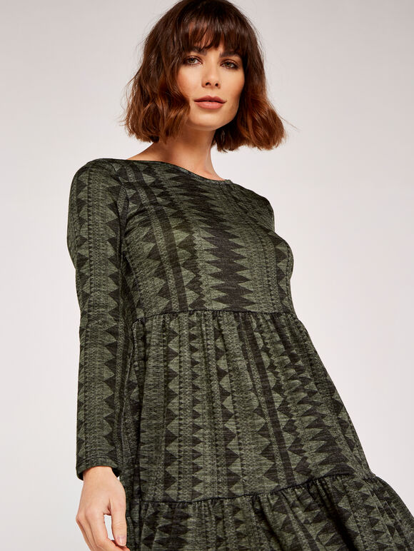 Soft Aztec Stripe Tiered Dress, Khaki, large