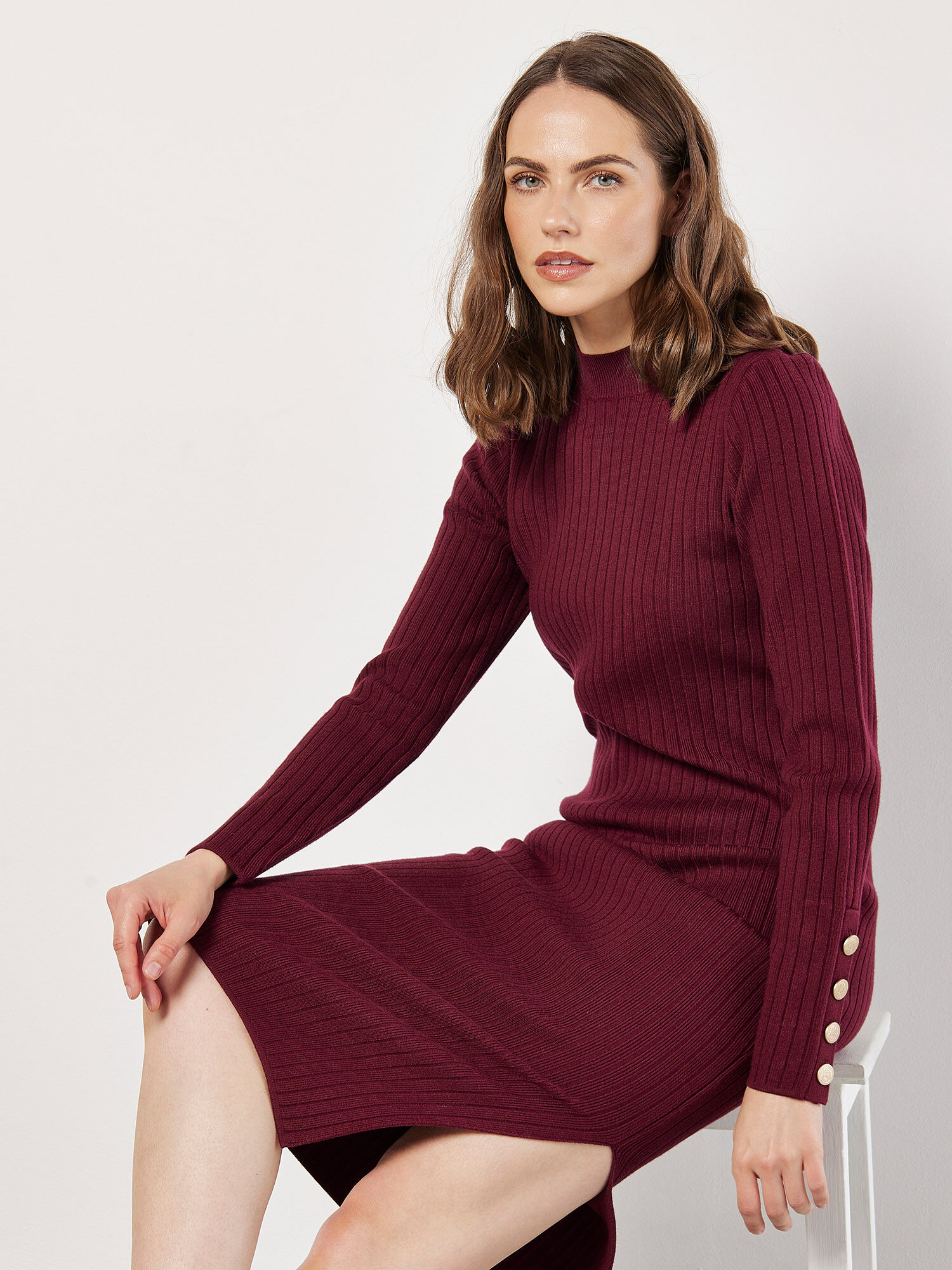 Ribbed Knit Gold Button Midi Dress Apricot Clothing
