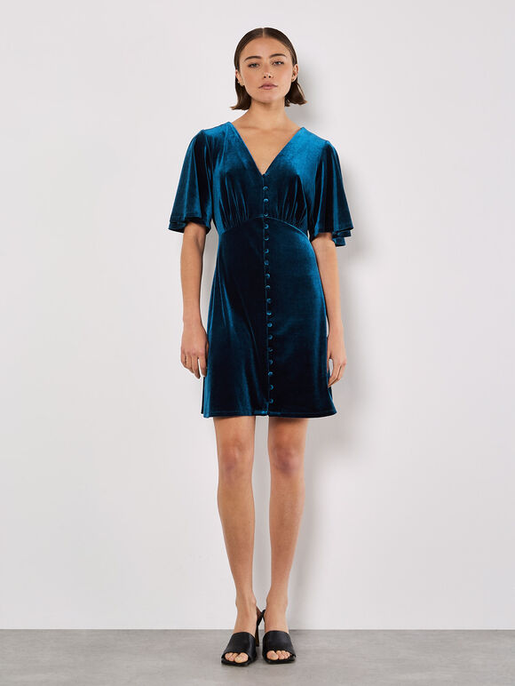 Velvet Button-Down Mini Dress, Teal, large