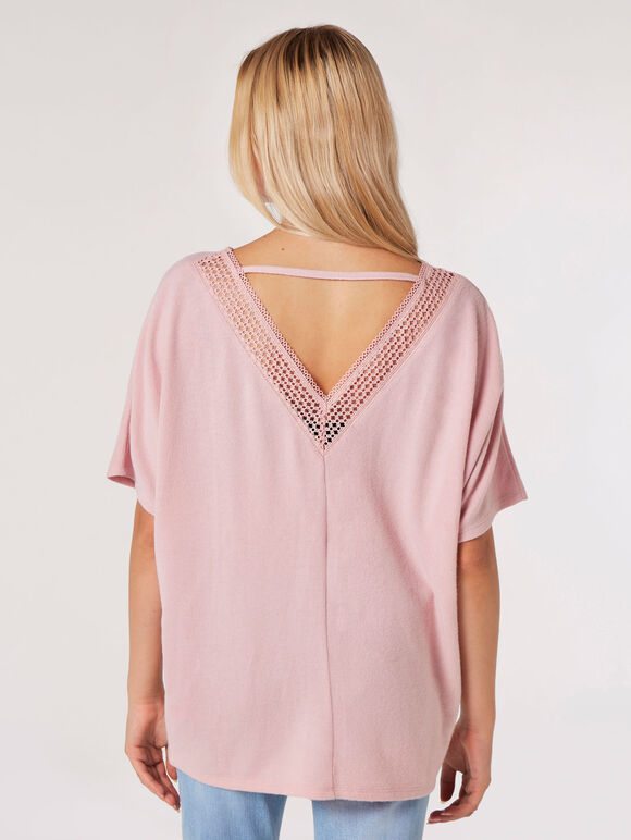 Crochet V Back Top, Pink, large