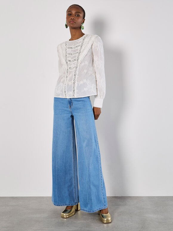 Cotton Embroidered Ruffle Shirt, White, large