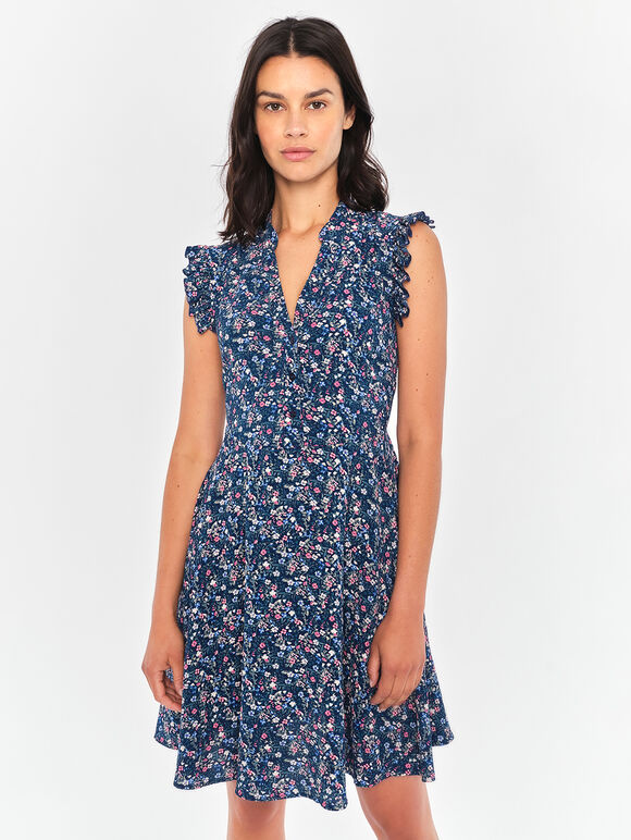 Micro Ditsy Ruffle Shoulder Dress, Navy, large