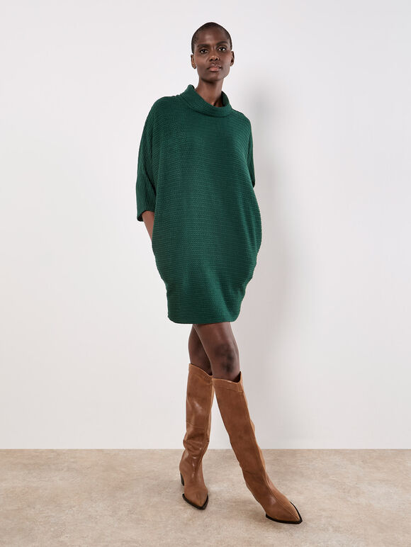 Textured Cable Knit Cocoon Jumper Mini Dress, Green, large