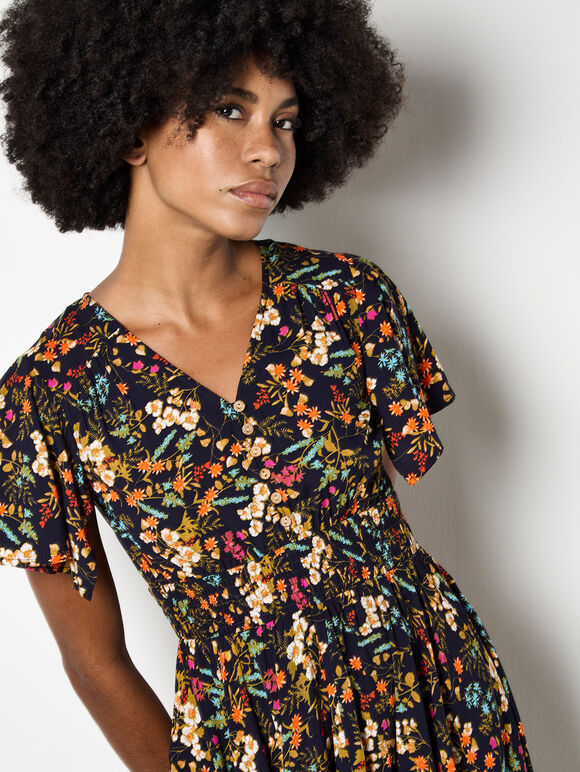 Botanical Floral Mini Dress, Navy, large