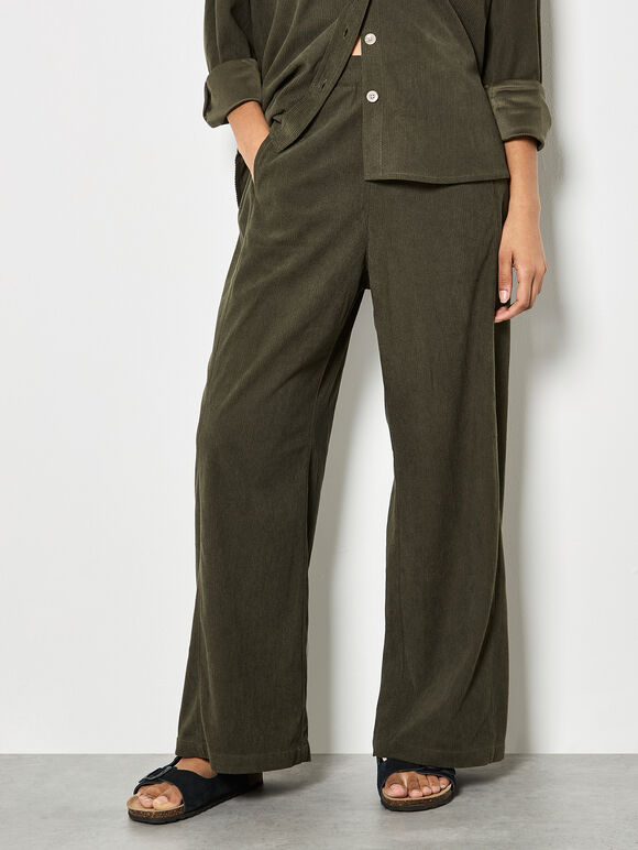 Cord Wide-Leg Trousers, Khaki, large