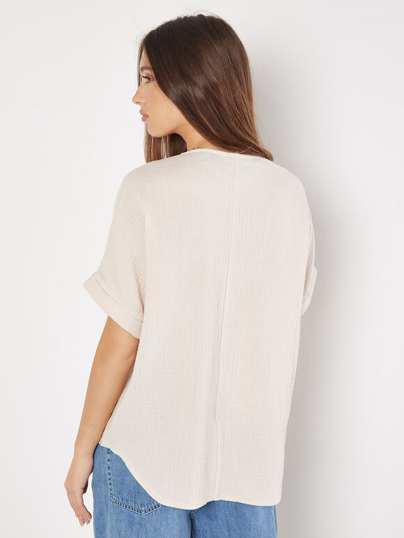 Textured Cotton Pleat Front Top, Stone, large