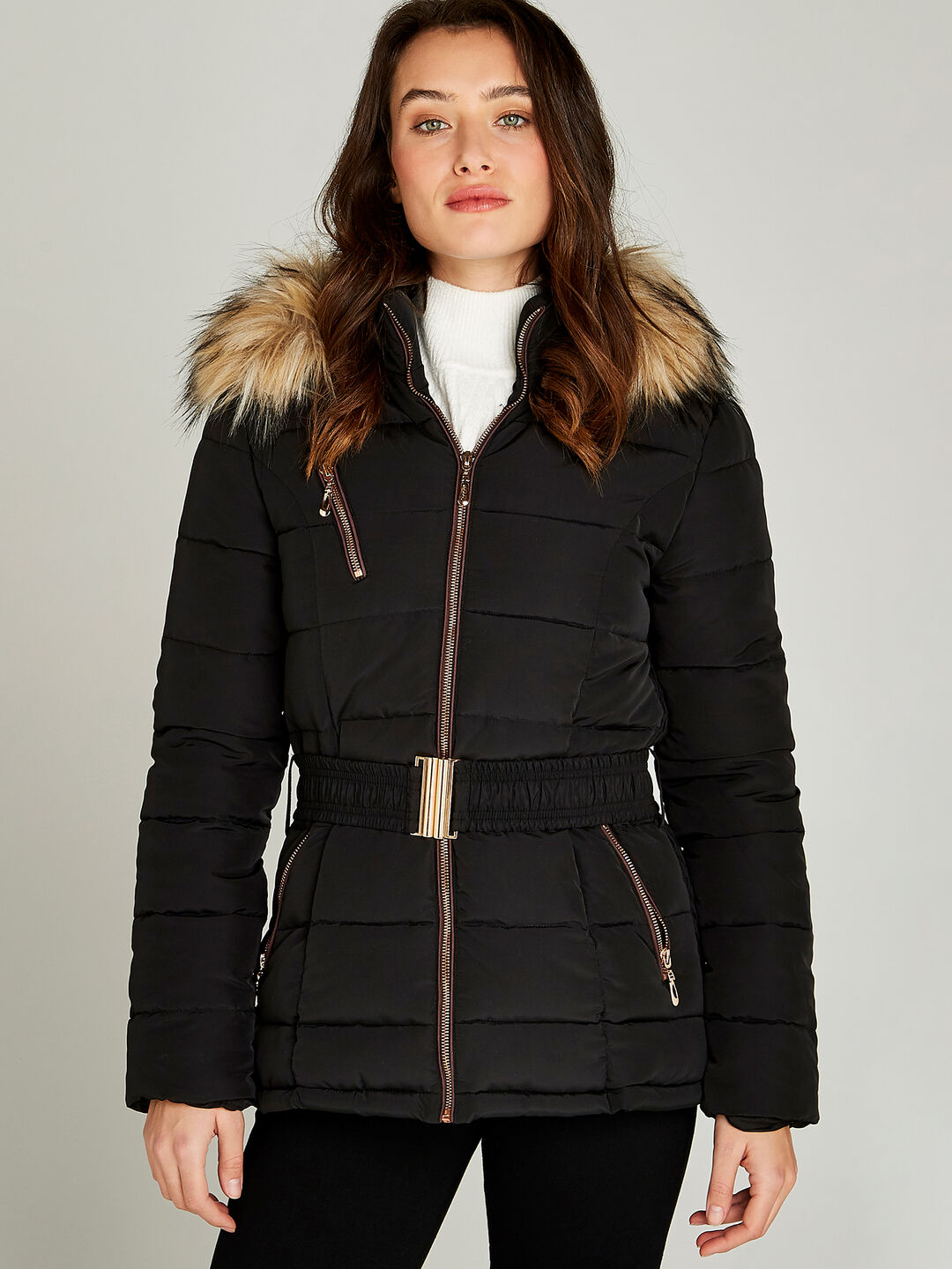Removable Faux Fur Hood Puffer Jacket