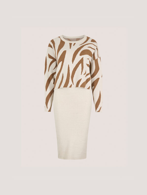 Zebra Jumper Knitted Midi Dress Set, Cream, large