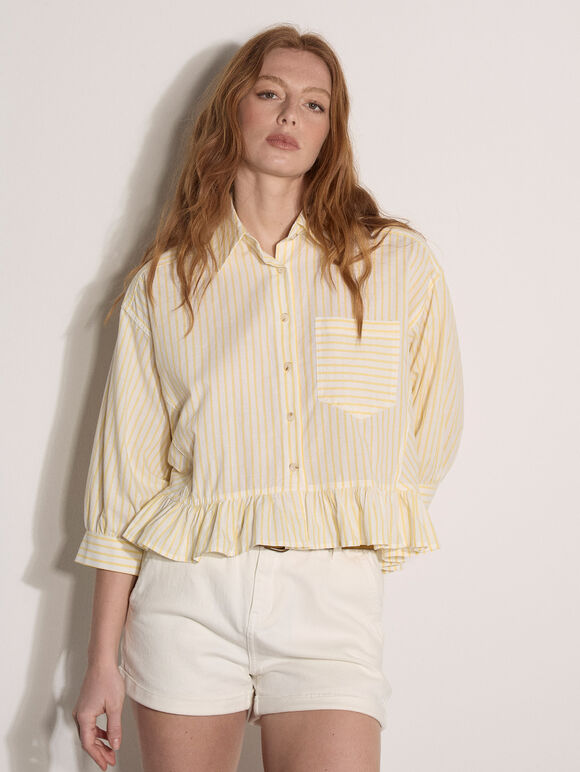 Stripe Ruffle Hem Shirt, Yellow, large