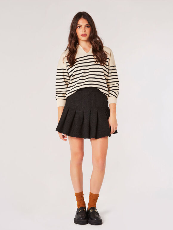 Tweed Box Pleat Mini Skirt, Black, large