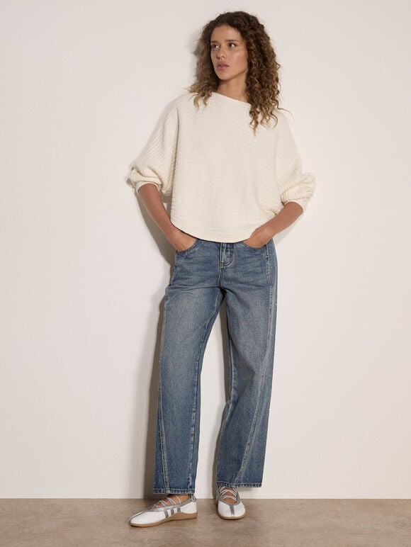 Plait Knit Batwing Jumper, Cream, large