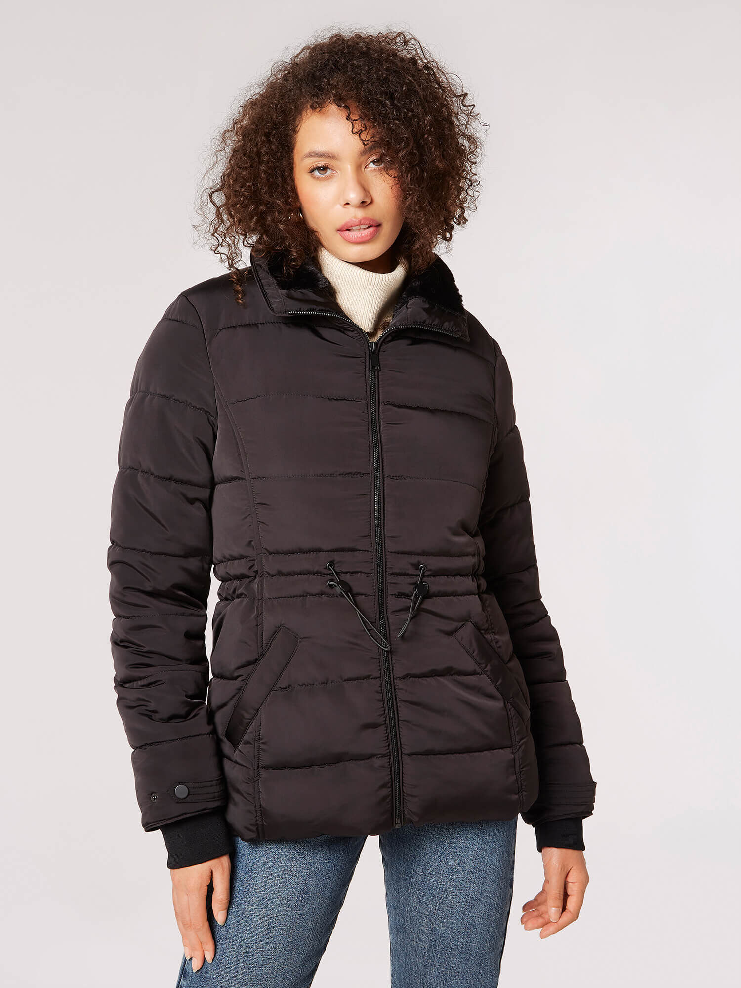 Black puffer jacket 2025 with faux fur hood