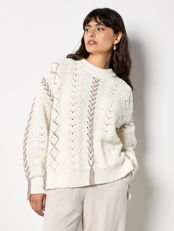 Pointelle Knit Lace Up Jumper, Cream, large