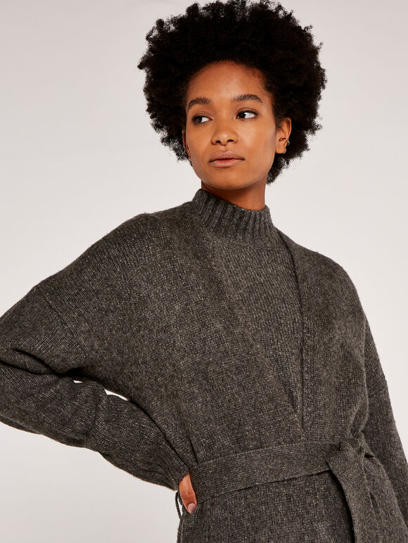 Knitted Long Cardigan, Dark Grey - Charcoal, large