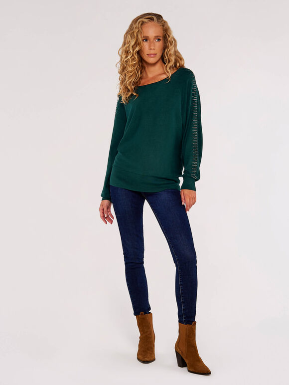 Stud Detail Batwing Jumper, Green, large