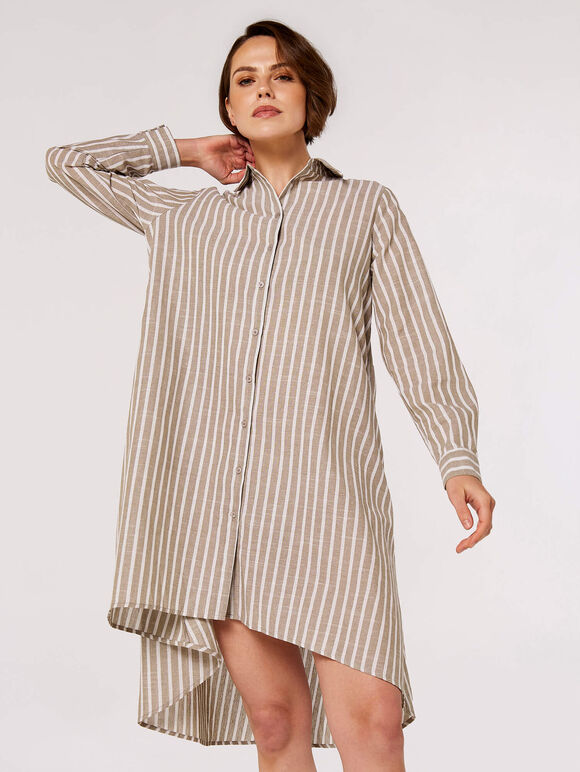 Woven Stripe Shirt Dress, Stone, large