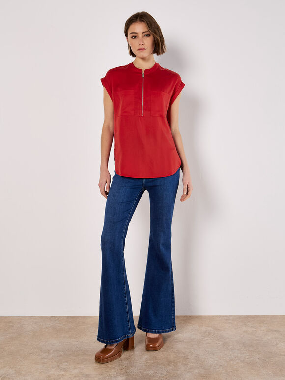 Zip Front Patch Pocket Top, Red, large
