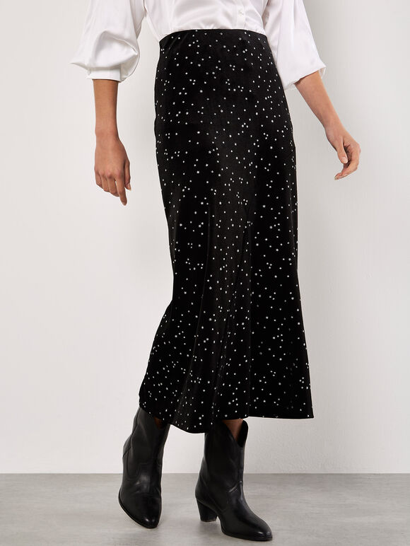 Star Velvet Midi Skirt, Black, large