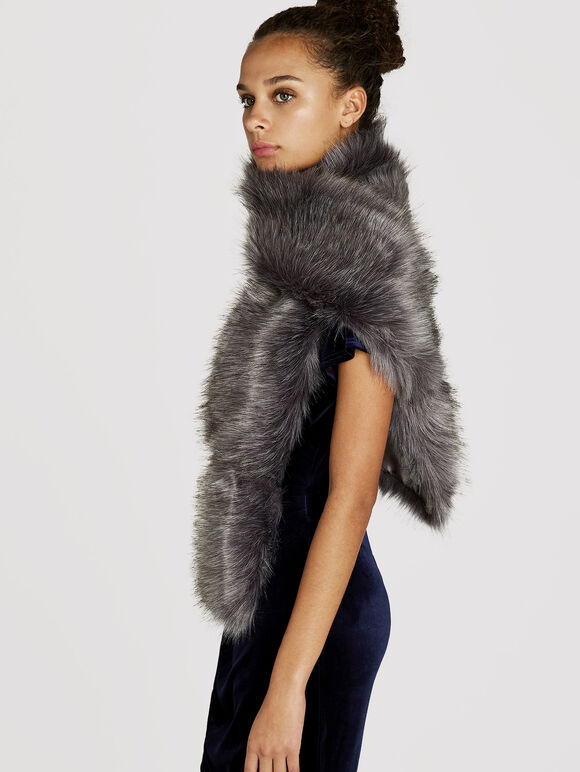 Grey Faux Fur Longline Scarf, Grey, large