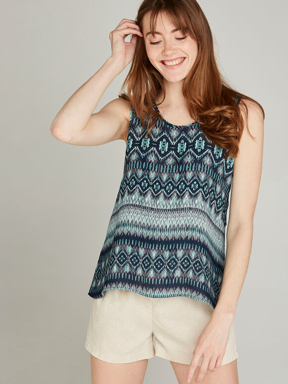 Navy Ikat Sleeveless Top, Navy, large
