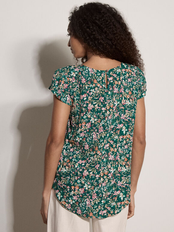 Ditsy Floral Print Top, Green, large