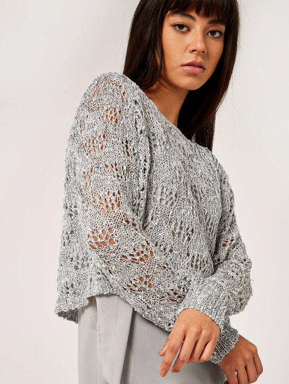 Sequin Chiffon Layered Knit Top, Light Grey / Silver, large