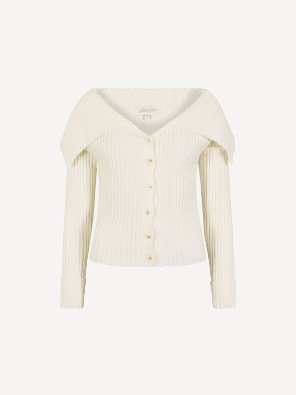Wide Collar Ribbed Knit Cardigan, Cream, large