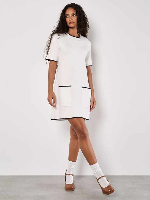 Monochrome Knitted Mini Dress, White, large