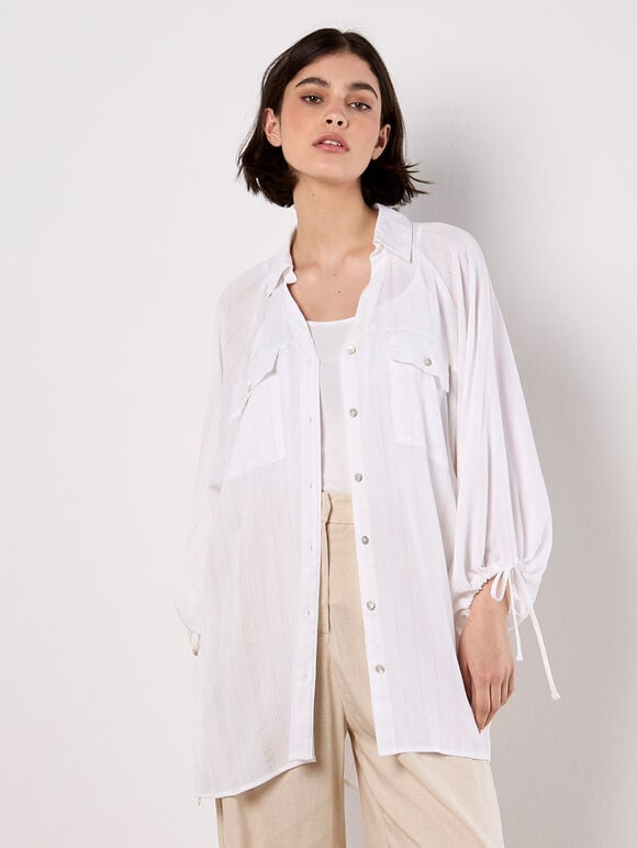 Oversized Longline Shimmer Shirt, White, large