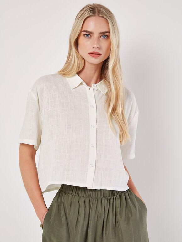 Linen Blend Boxy Shirt, Cream, large