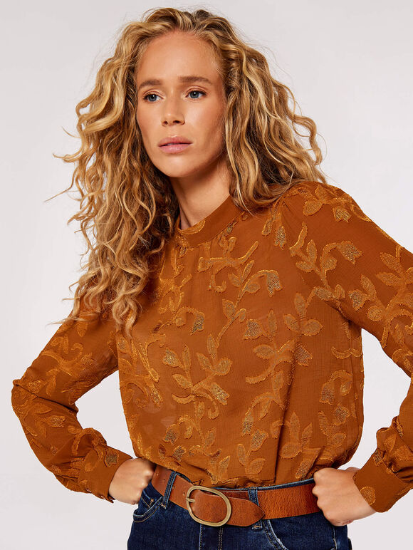 Satin Leaf Devore Top , Rust, large