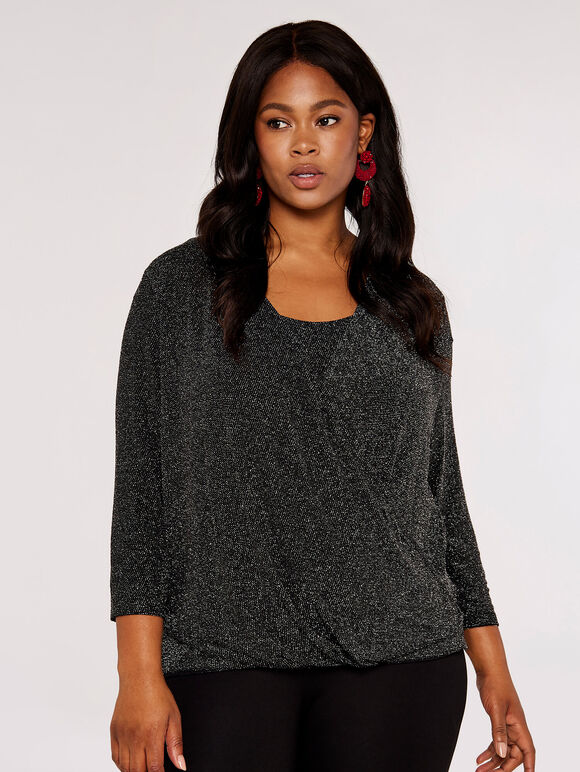 Curve Sparkle Wrap Top, Black, large