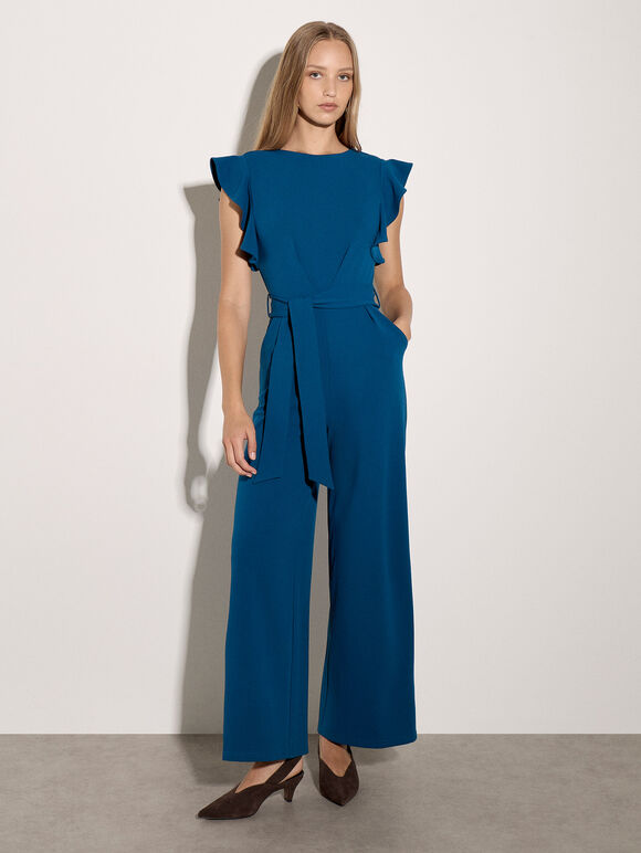 Ruffle Sleeve Jersey Jumpsuit, Cobalt/Royal Blue, large