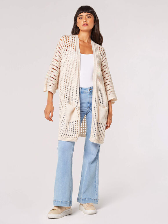 Star Motif Open Knit Cardigan, Stone, large