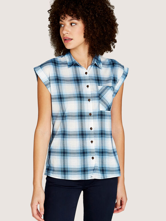 Blue Window Plaid Turn Up Sleeve Shirt, Blue, large