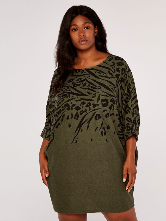 Curve Leopard & Zebra Cocoon Dress, Khaki, large