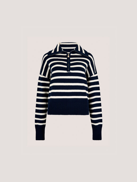 Zip Neck Stripe Jumper, Navy, large