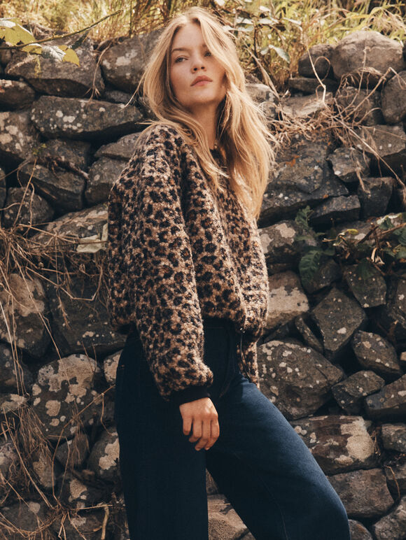 Leopard Boucle Jumper, Brown, large
