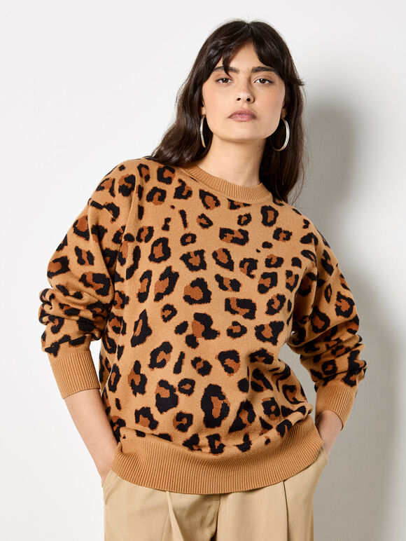 Leopard Print Soft Knit Jumper, Stone, large