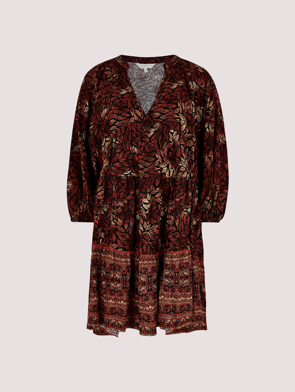 Block Print Leaf Mini Dress, Burgundy, large