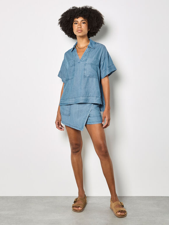 Denim Wrap Mini Skort, Blue, large