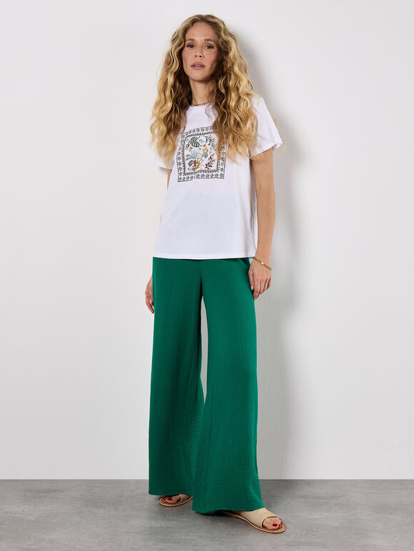 Textured Cotton Wide Leg Trousers, Green, large