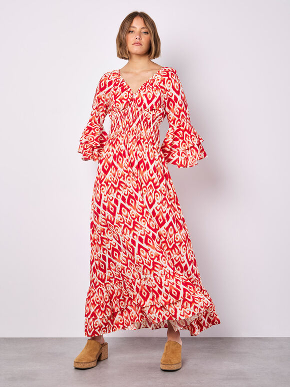 Ikat Swirls Maxi Dress, Red, large