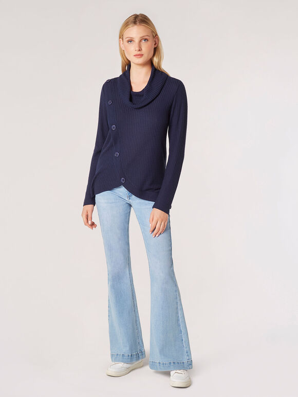 Waffle Knit Button Wrap Top, Navy, large