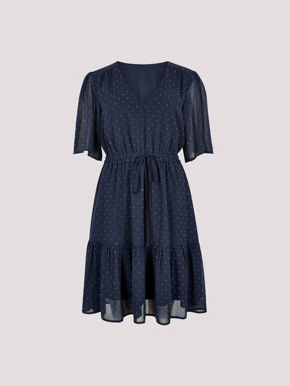 Polka Dot Chiffon Mini Dress, Navy, large