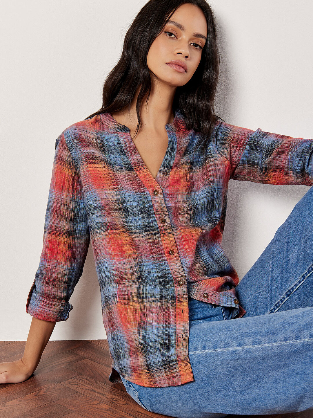 Image of Grandad Collar Check Shirt